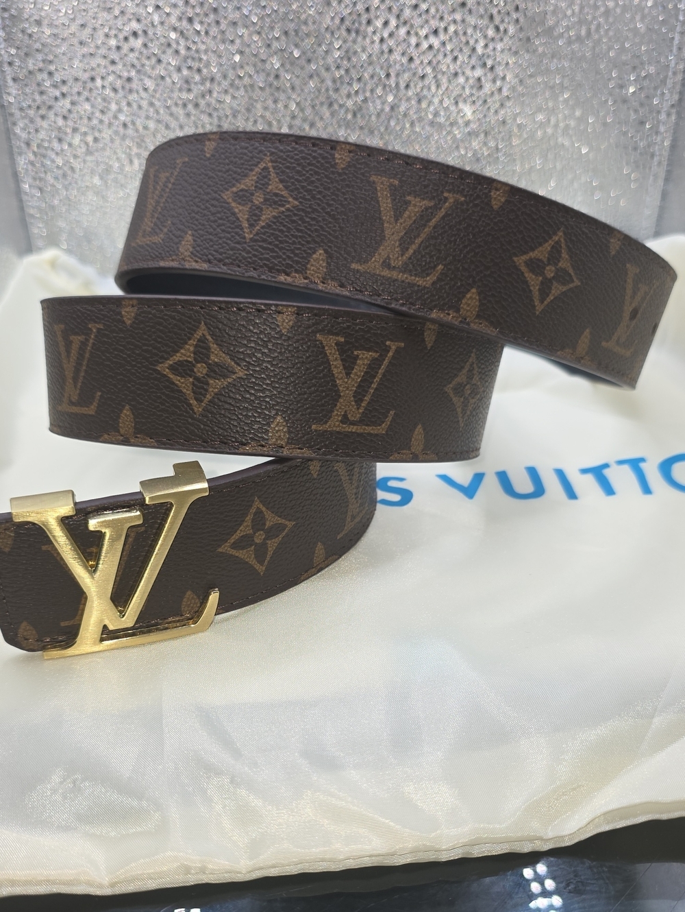 Louis Vuitton Brown Monogram Canvas Belt with Gold LV Buckle No Box